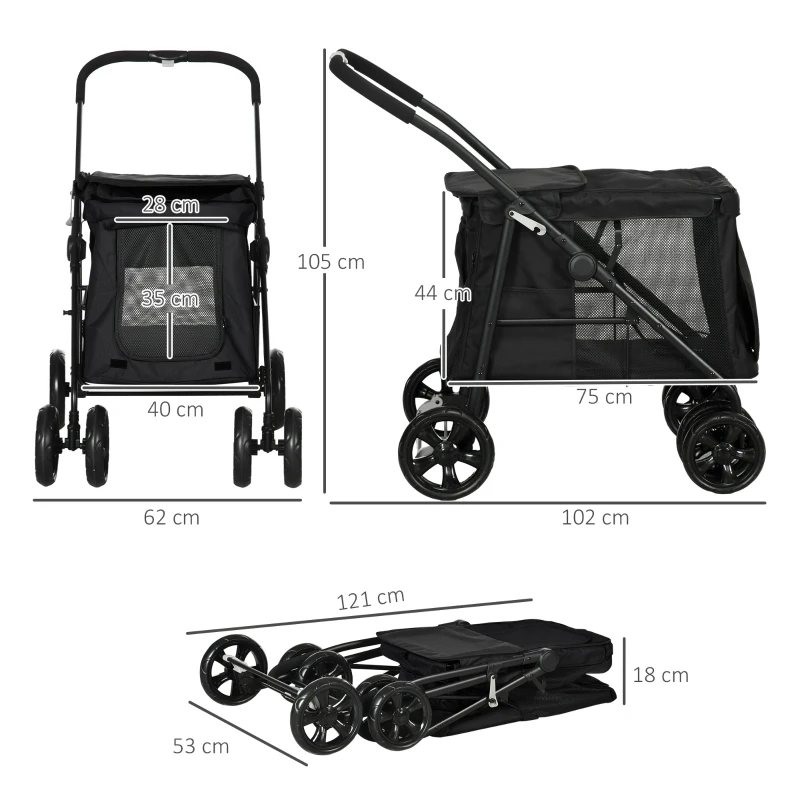 PawHut Carrito para Perros con Cojín, 3 Bolsillos Laterales, Plegable, Carrito para Perros, 102x62x105 cm, Negro