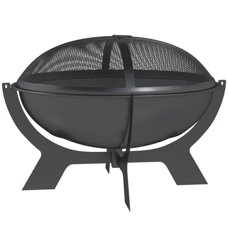 Outsunny Brasero 54x39cm de Metal Redondo con Protector de Chispas Gancho Brasero para Jardín, Balcón Negro