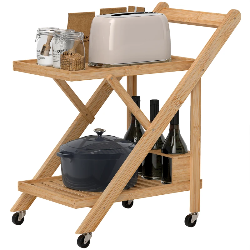 HOMCOM Carrito de cocina de bambú carrito de servicio plegable 2 bandejas 4 ruedas 3 compartimentos para vino 66x40x70 cm madera