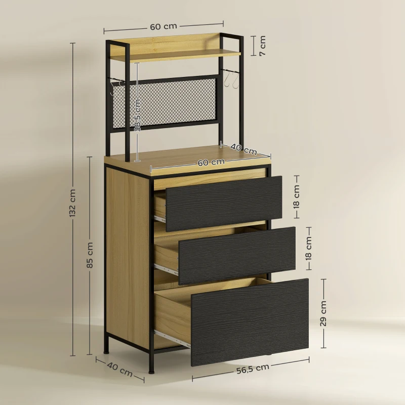 HOMCOM Armario de cocina estilo industrial con 3 cajones, encimera, estante y 4 ganchos, 60x40x132 cm