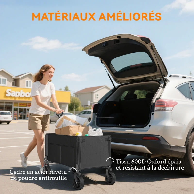 Outsunny Carrito de jardín plegable 150 L, carrito de transporte de playa mango ajustable bolsillos laterales 85x50x90 cm Negro