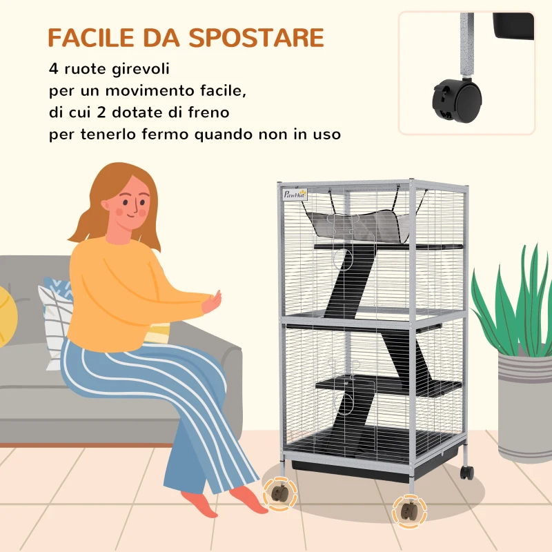 PawHut Gabbia per Porcellini d'India e Cincillà in Acciaio con 3 Piani, Ruote e Vassoio Rimovibile, Grigio Chiaro