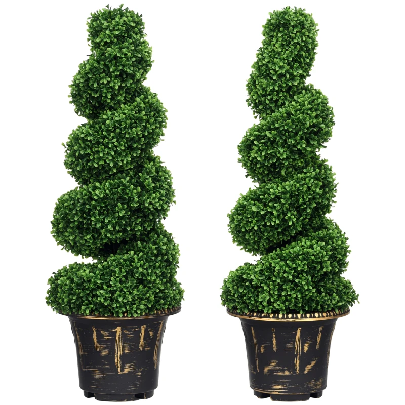HOMCOM Árbol Artificial en Espiral de Boj, Set de 2 Plantas Artificiales, con Maceta, Altura de 90 cm, Verde