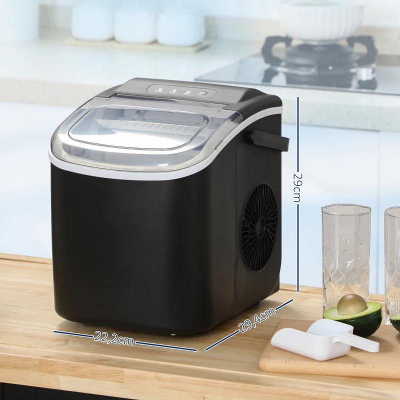 HOMCOM Machine à glaçons, 12kg en 24h, 9 glaçons en 6-12 minutes, ice maker avec poignée, panier et pelle, 22,2x29,4x29cm, noir