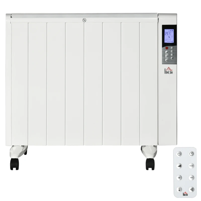 HOMCOM Calefactor Eléctrico con Ruedas, 9 Modos Preinstalados, Posibilidad de Montaje en Pared, 5-35°C, Blanco, 75x7,5x58,5 cm