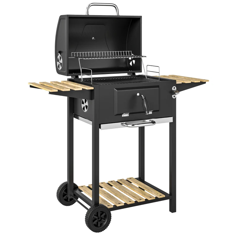 Outsunny Barbacoa de carbón regulable en altura con parrilla, tapa, termómetro, estantes, ruedas y abridor de botellas, negro