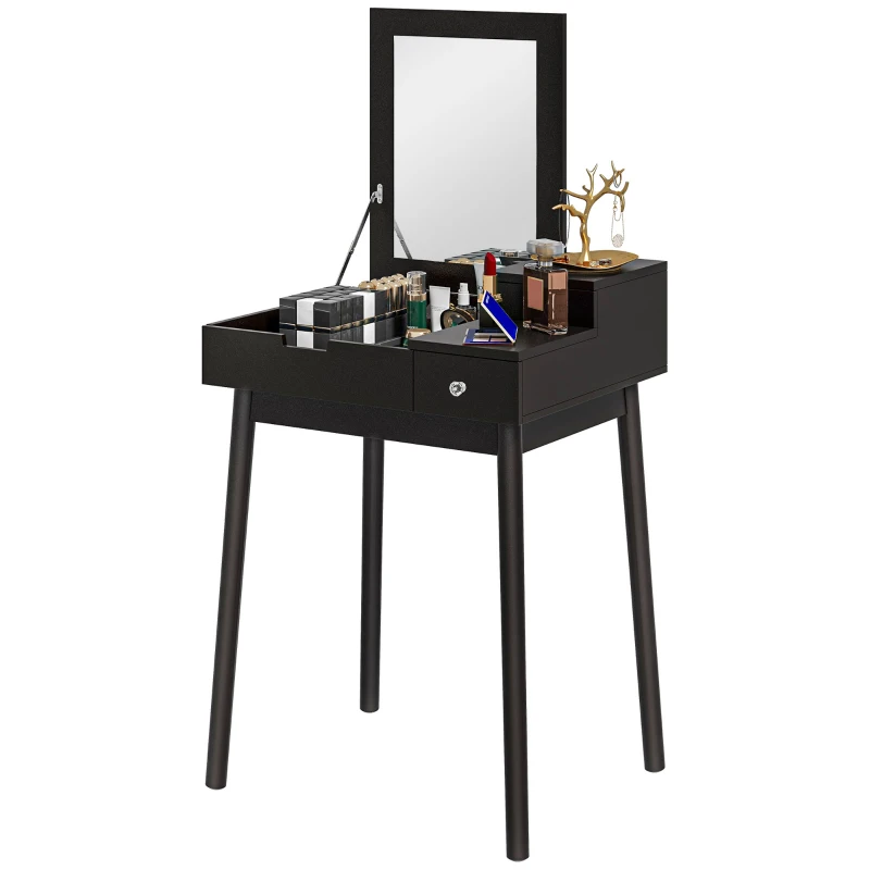 HOMCOM Tocador con espejo mesa de maquillaje, 2 cajones, espejo plegable para dormitorio, sala de estar, 60x50x85,5 cm, Negro