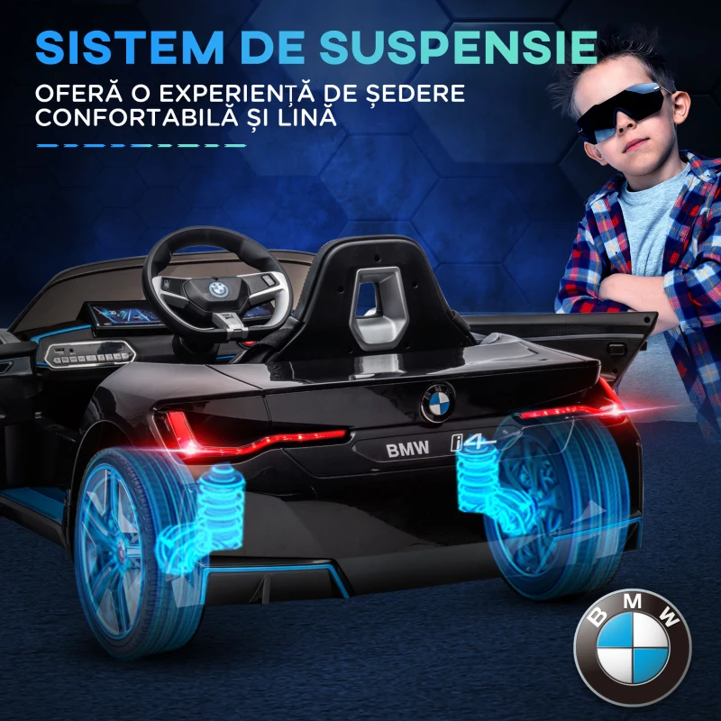 HOMCOM Masina electrica pentru copii licenta BMW telecomanda claxon faruri negru rosu albastru pentru copii pentru plimbare pentru distractie echilibru(m-7)