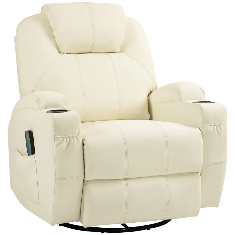 HOMCOM Sillón de relax con función de masaje, respaldo ajustable, giratorio, hasta 150 kg, cuero sintético, Blanco crema