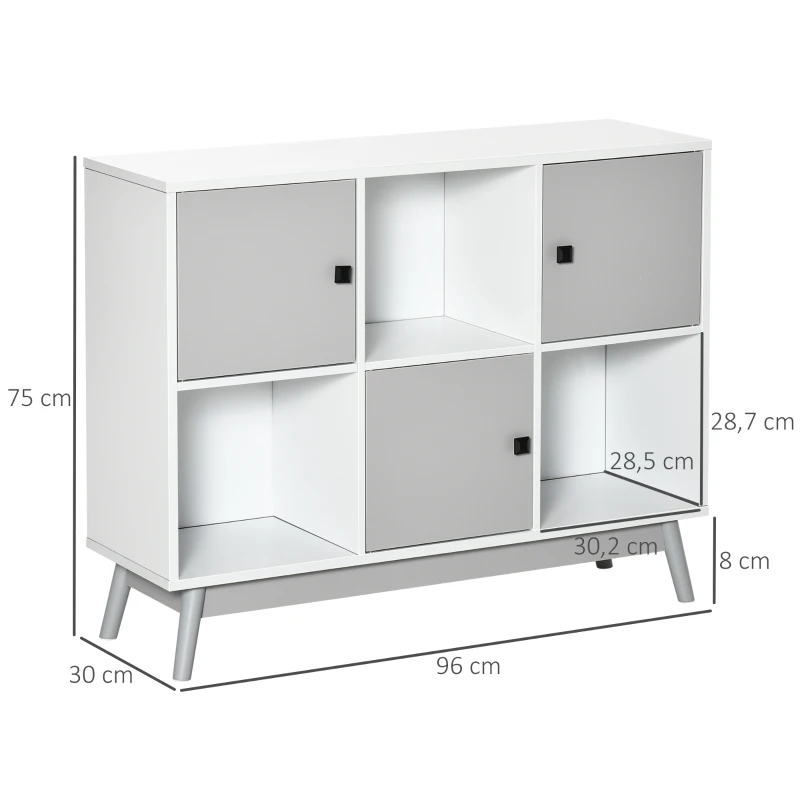 HOMCOM Bufé, mueble de almacenamiento con 3 puertas y 3 compartimentos abiertos, patas de madera de pino, 96x30x75cm, blanco y gris
