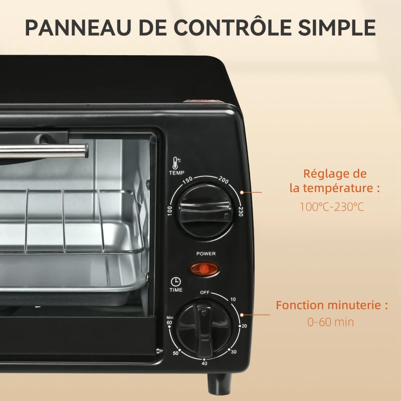 HOMCOM Mini four électrique 10L 1 grille et 1 plateau, température réglable de 100°C à 230°C, Minuteur 60 min, 36,5x26x22 cm