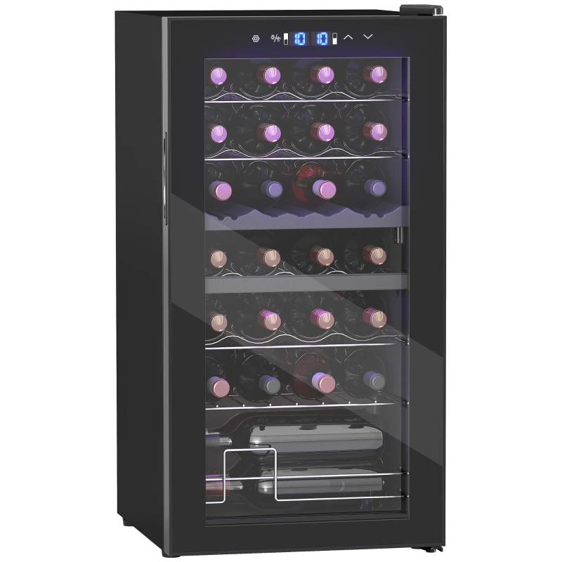 HOMCOM Mała Chłodziarka do Wina, Mini-Lodówka na 28 Butelki, 74 Litrów Pojemności, Drzwi ze Szkła, Oświetlenie LED, Ekran Dotykowy
