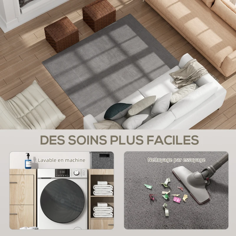 HOMCOM Tapis salon 160 x 120 cm tapis à poils longs, lavable en machine, antidérapant, en fausse fourrure, gris clair