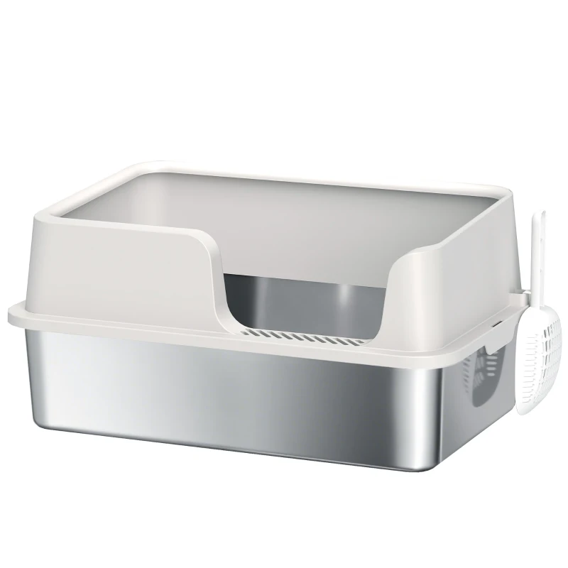 PawHut Bandeja de Arena para Gatos, bandeja de arena en acero inoxidable con bordes altos pala fácil limpieza 60 x 40 x 28 cm gris claro