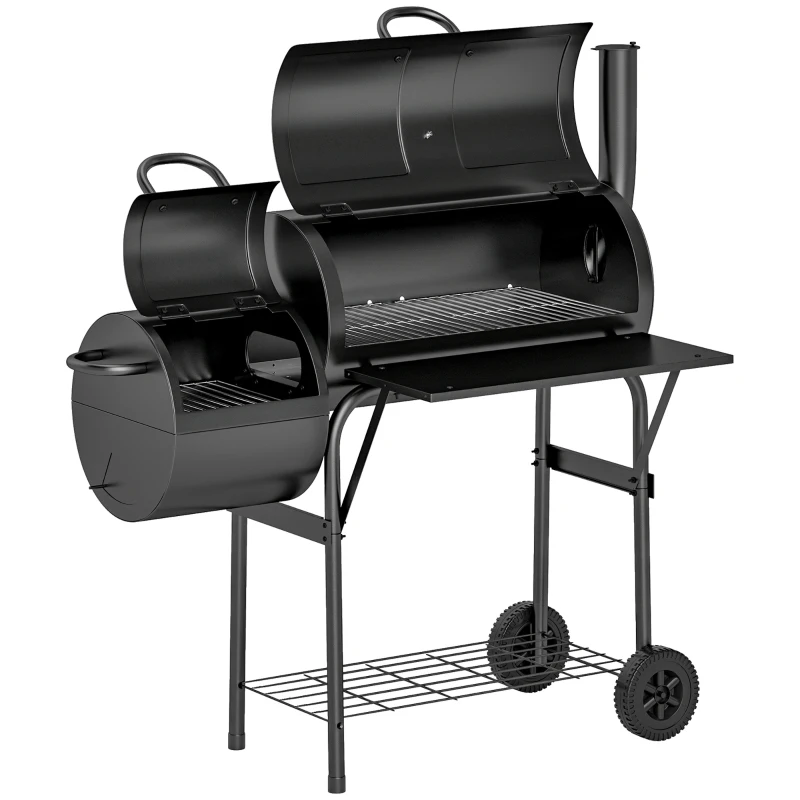 Outsunny Parrilla de carbón de acero BBQ Smoker con tapa Termómetro Ruedas Ventilación lateral Bandeja de carbón