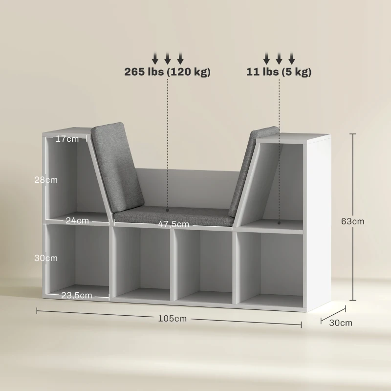 HOMCOM Estantería de libros con asiento, 6 estantes, acolchada, 105x30x63 cm, Blanco