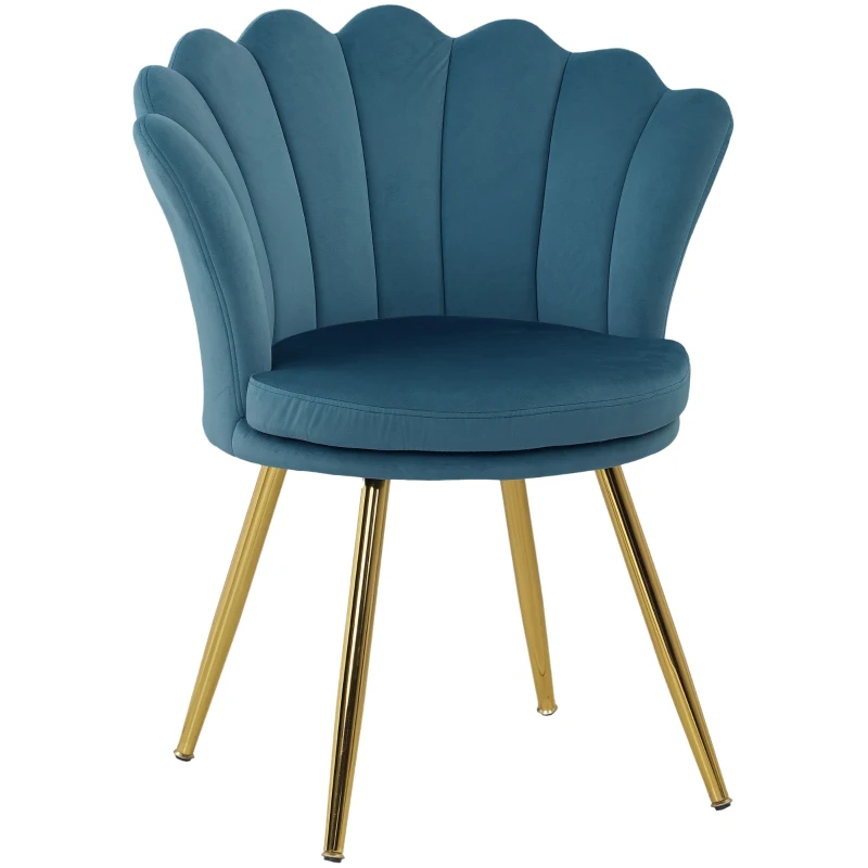 HOMCOM Silla con respaldo en forma de concha, silla para tocador, sillón de terciopelo, silla de salón con patas de metal dorado, azul
