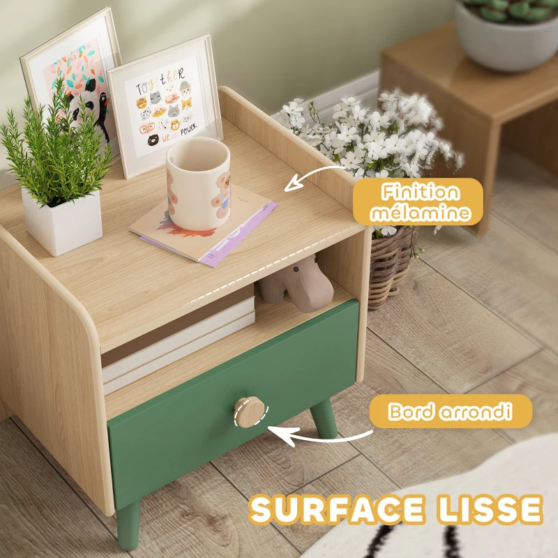Lot de 2 tables de chevet enfant, tables de nuit enfant avec tiroir et niche, pour chambre d'enfant, 40x32,5x40cm, vert