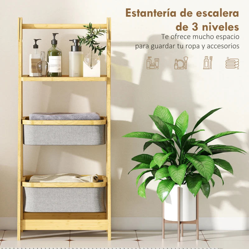 HOMCOM Estantería para Baño Plegable de Bambú con 2 Cestos para Ropa Sucia Estante Abierto Gris