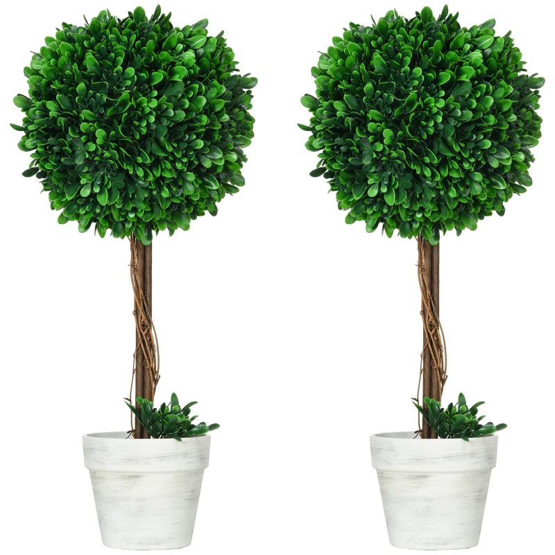 HOMCOM Conjunto de 2 árboles artificiales de boj Planta artificial plantas artificiales, musgo artificial, 1 maceta, 28x28x60 cm