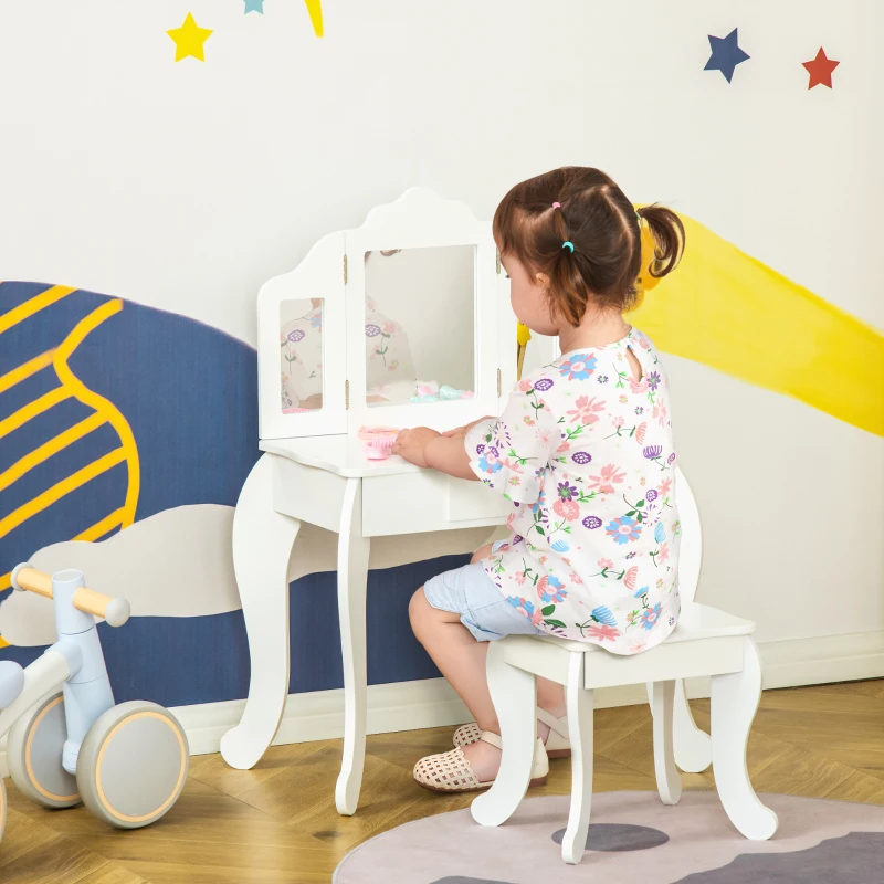 HOMCOM Tavolo da Trucco per Bambini con Sgabello e Triplo Specchio, in Legno e Acrilico, 63x40x85.5 cm, Bianco