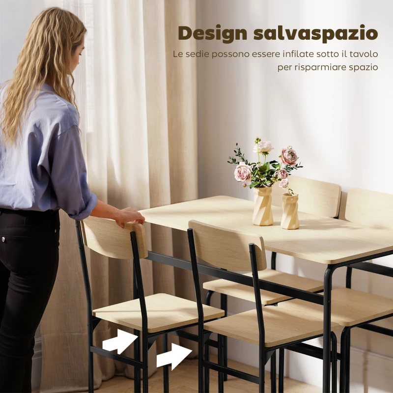 HOMCOM Set da Pranzo 5 Pezzi con Tavolo Rettangolare e 4 Sedie da Pranzo, in Legno e Metallo, Nero e color Legno