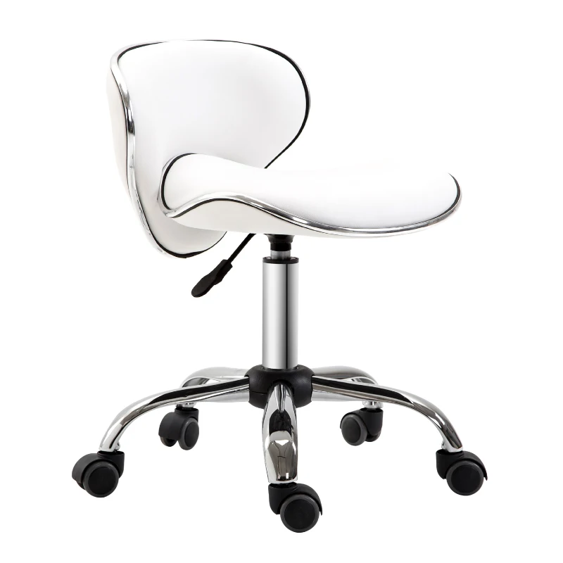 HOMCOM Taburete con ruedas taburete de trabajo con altura ajustable 44-56 cm y respaldo, giratorio 360°, Blanco