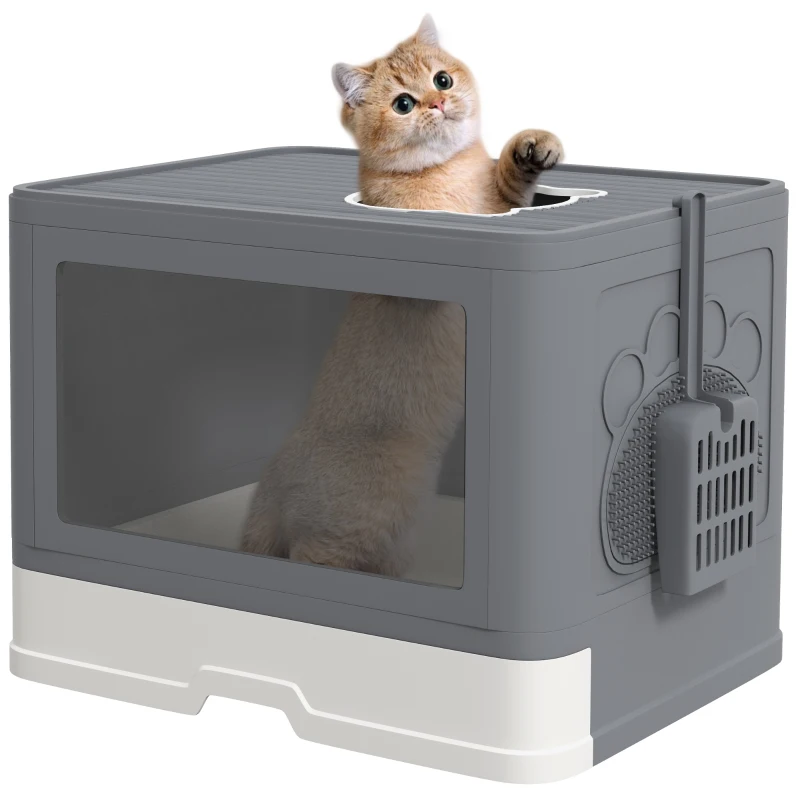 PawHut Lettiera per Gatti Chiusa con Coperchio e Doppia Entrata, Cassetto Estraibile, Paletta e Spazzola, Grigio