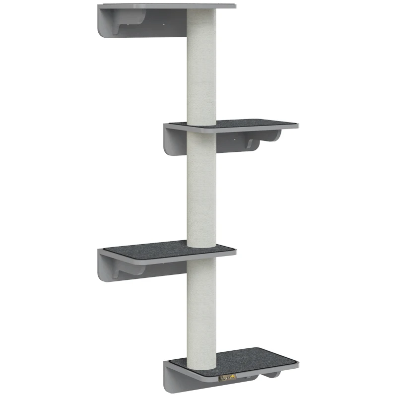 PawHut Árbol Rascador de Pared para Gatos - Juguete de Escalada para Gatos - Rascador en Gris Claro + Beige 66x28x137 cm