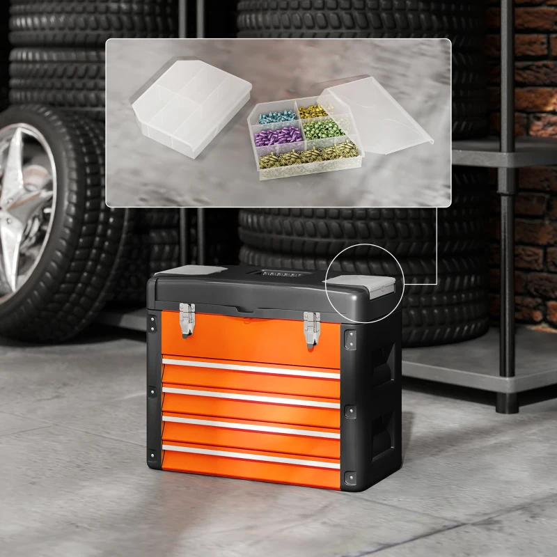 HOMCOM Cofre de herramientas vacío, 49,7x25,3x40,7 cm Caja de herramientas con 4 cajones, Mini caja de acero Naranja