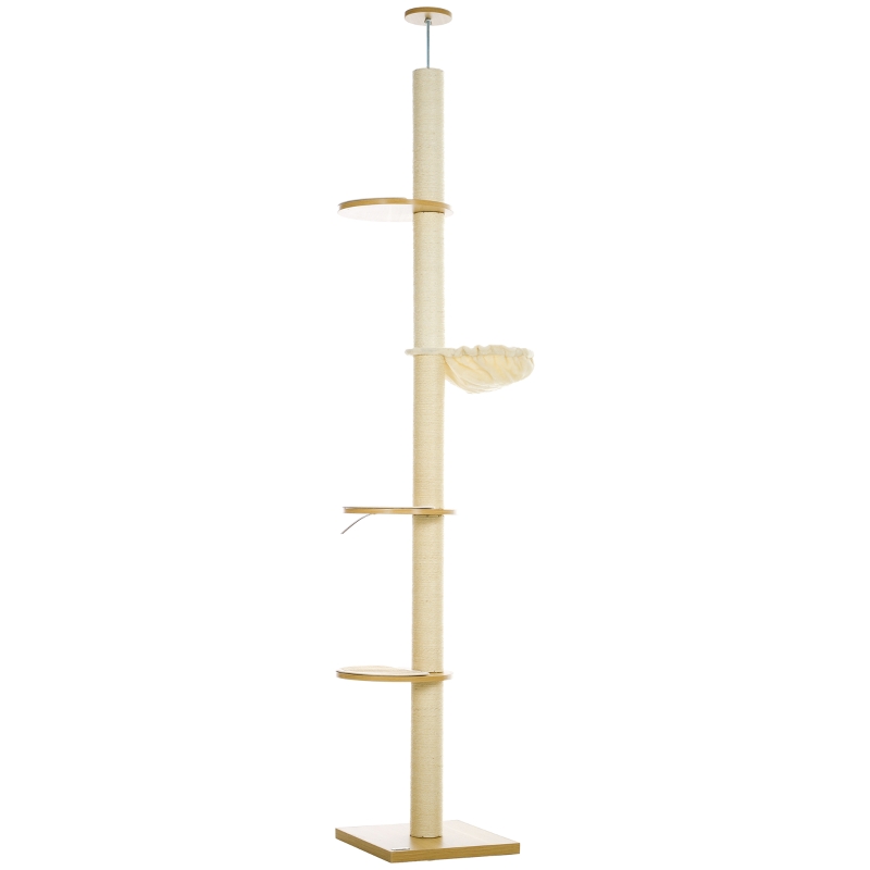 PawHut Rascador de Techo Alto, Seguro antivuelco, Poste de cuerda de sisal, Tablero de madera, Roble+Blanco Crema