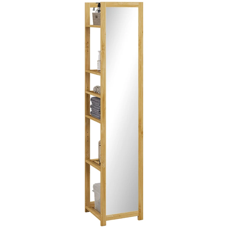 HOMCOM Mueble columna de baño de 6 niveles en bambú con espejo, 6 estantes, natural, 35x35x168 cm