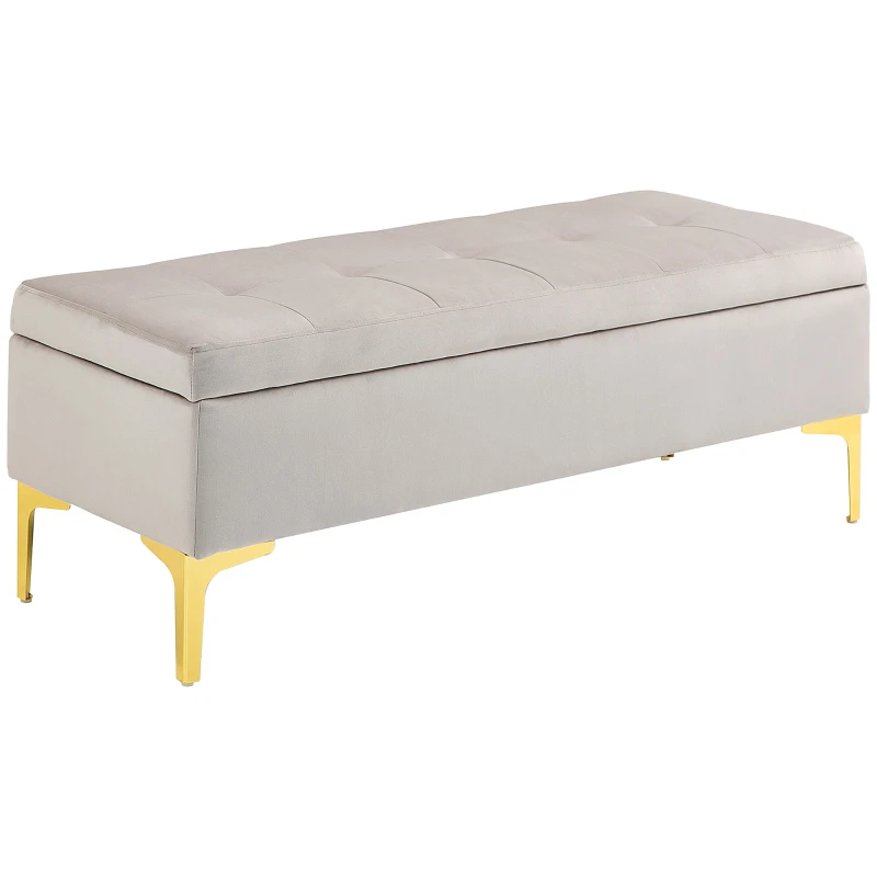 HOMCOM Banqueta banco almacenamiento 2 en 1 asiento acolchado aspecto terciopelo patas metal 120x44x44,5 cm Gris y dorado