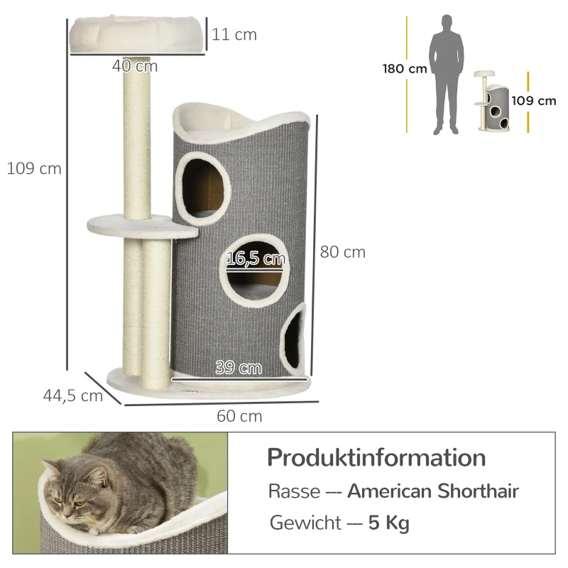 PawHut Árbol Rascador con cama para gatos y tina rascadora para gatos, 60x44,5x109 cm, Gris + Natural + Blanco