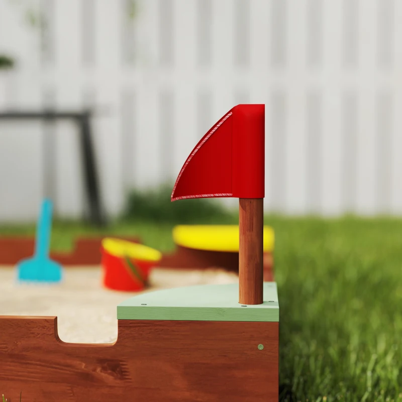 AIYAPLAY Arenero de madera para niños de 3-7 años con asientos, banderas, sin fondo, tema de muralla, 90x90x17 cm, Marrón