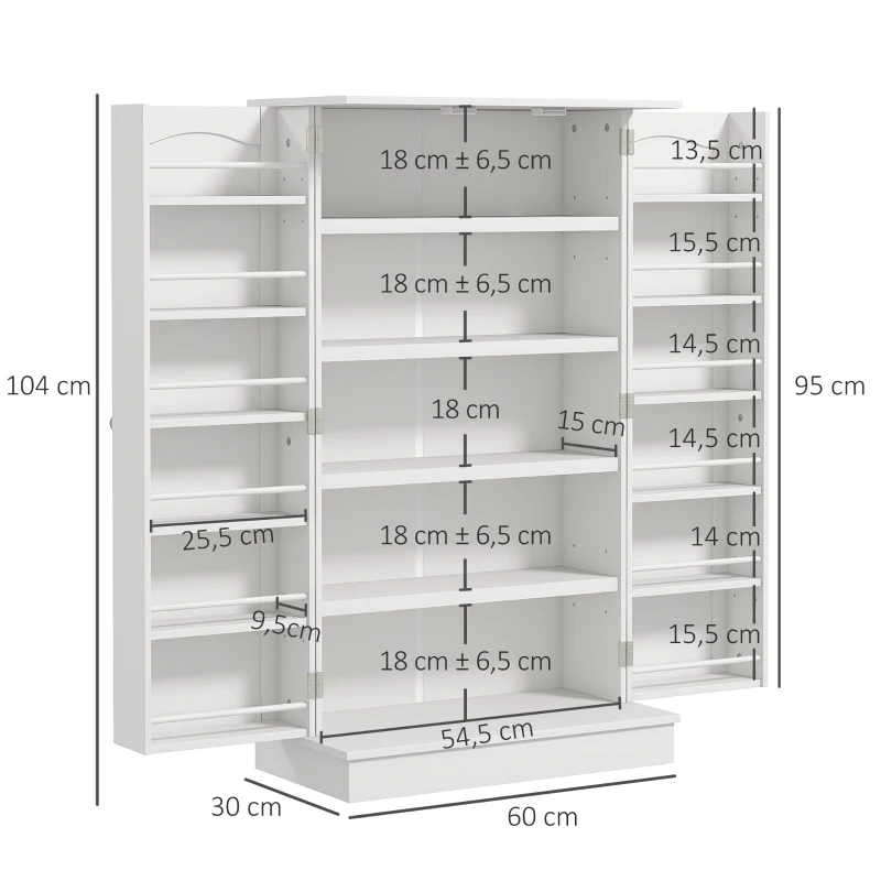 HOMCOM Armario mueble de cocina despensa 2 puertas con 5 estantes y 12 porta especias - 60x30x104 cm - Blanco