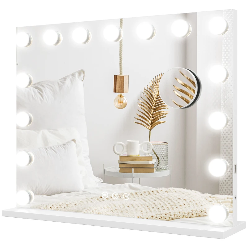 HOMCOM Espejo de Maquillaje LED, 3 modos de luz, regulable, control táctil, USB, 58x48cm, Blanco