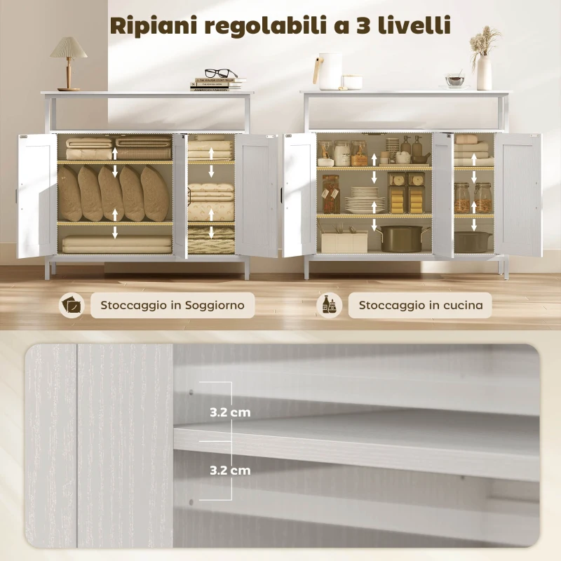 HOMCOM Credenza da Cucina con Ripiano Aperto e 2 Armadietti, in Legno e Acciaio, 100x35x88 cm, Bianco