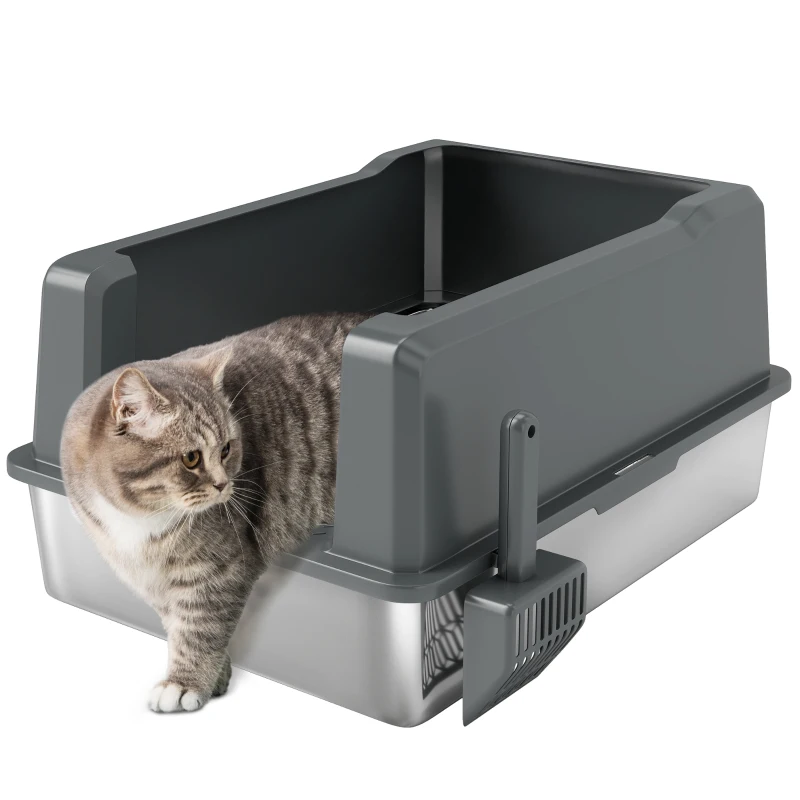 PawHut Arenero para Gatos de acero inoxidable 85L gran capacidad casa de arena semicerrada, 71x50,8x35,5 cm Gris