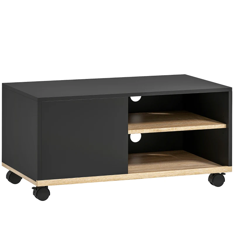 HOMCOM Mueble TV sobre ruedas con 2 Frenos - 2 estantes + Armario con Puerta 2 Pasacables - en madera Negro roble Claro