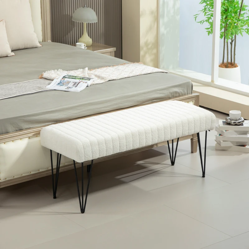 HOMCOM Banco pie de cama banqueta de tela bouclette Blanco con patas horquilla en metal Negro 118,5x46x49,5 cm Crema