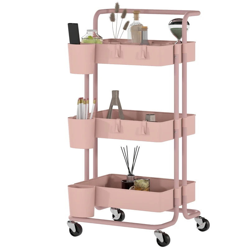 HOMCOM Carrinho de Cozinha Carrinho de Armazenamento com 4 Ganchos 3 Cestas Removíveis 3 Caixas Suspensas 42x38x86,5 cm Rosa