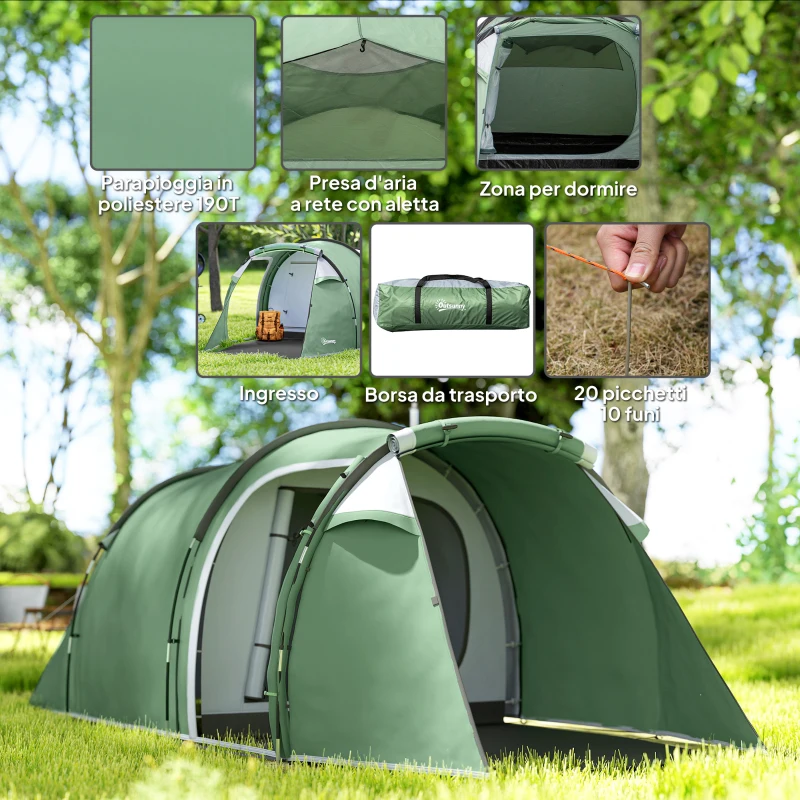 Outsunny Tenda da Campeggio 2-4 Posti con Telo Impermeabile e Porte con Cerniera, 426x206x15 cm, Verde Scuro