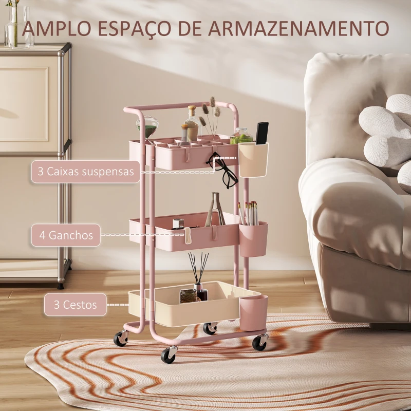 HOMCOM Carrinho de Cozinha Carrinho de Armazenamento com 4 Ganchos 3 Cestas Removíveis 3 Caixas Suspensas 42x38x86,5 cm Rosa