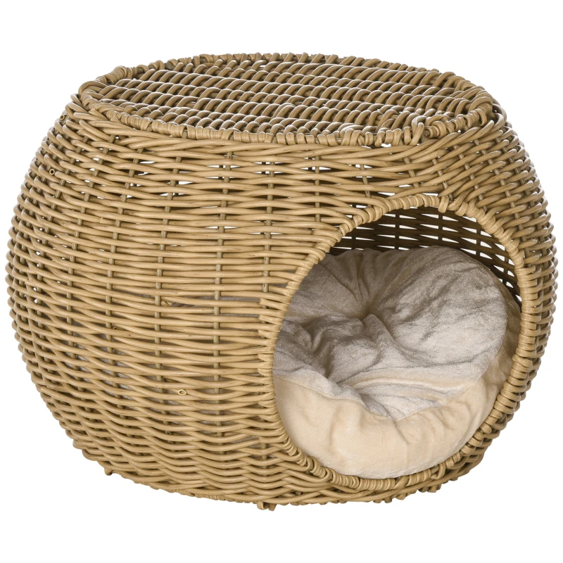 PawHut Niche cama casa para gato 2 niveles en resina trenzada aspecto mimbre con 1 cojín suave Ø 40 x 30 cm marrón claro
