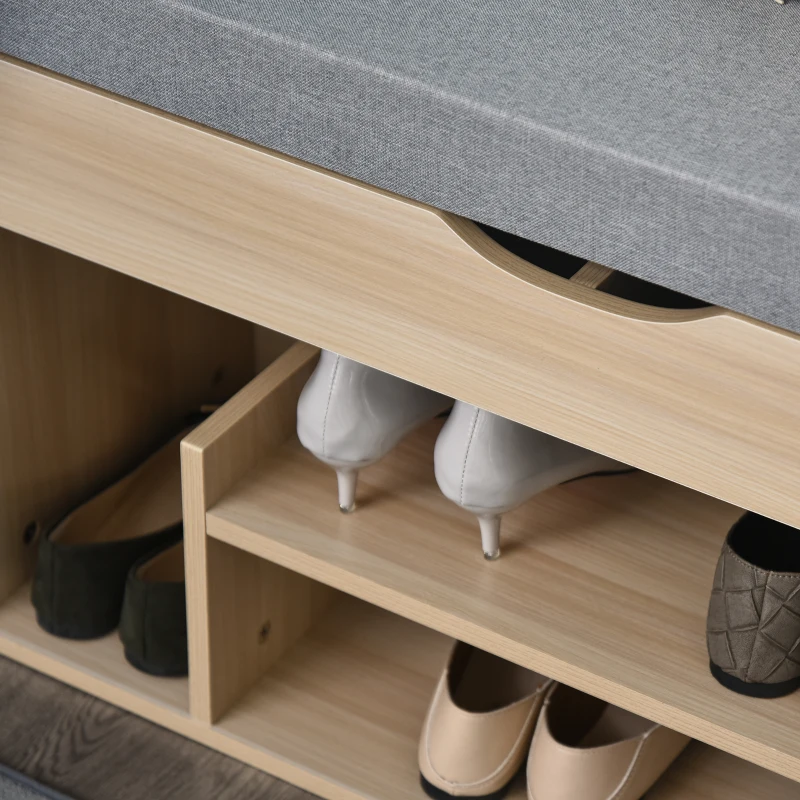 HOMCOM Mueble Zapatos Banco Zapatos 2 Niveles Almacenamiento, Niche + Baúl integrado con Cojín Beige Gris