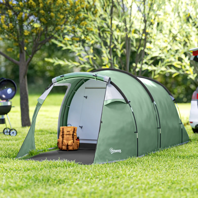 Outsunny Tente de camping familiale 2-3 personnes tente tunnel étanche légère ventilée facile à monter chambre salon 3 portes fenêtres 4,26 x 2,06 x 1,54 m fibre verre polyester PE vert
