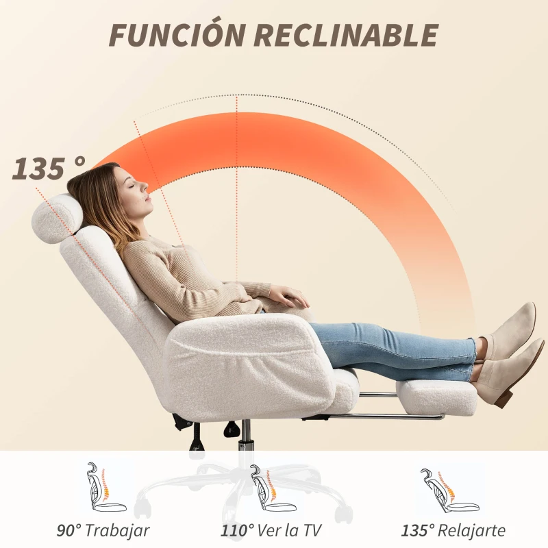 HOMCOM Silla de Escritorio con Reposapiés Tapizada en Borreguito con Respaldo Reclinable Reposacabezas Ajustable Crema