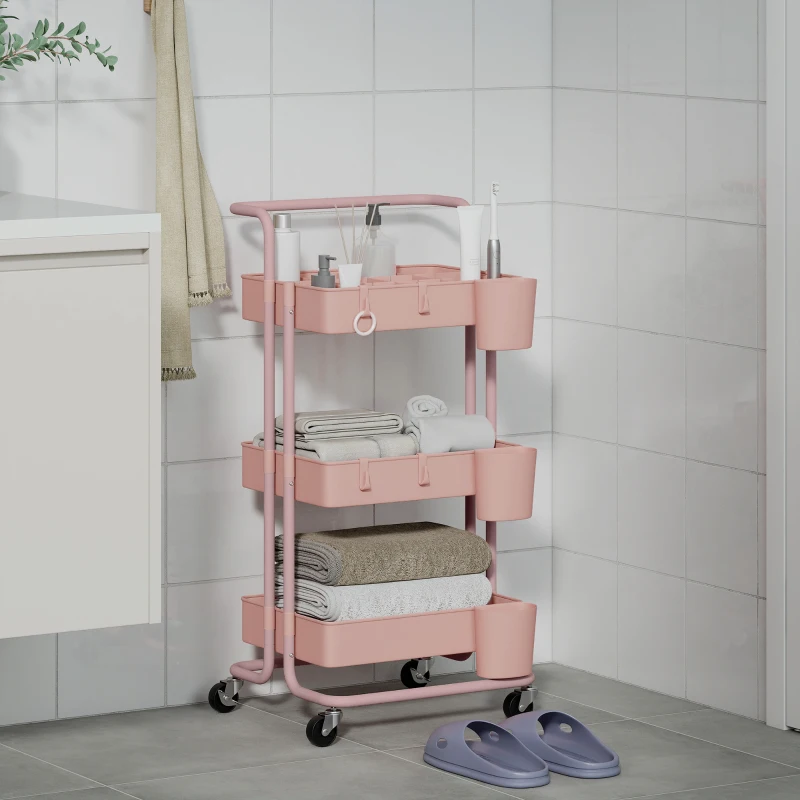 HOMCOM Carrinho de Cozinha Carrinho de Armazenamento com 4 Ganchos 3 Cestas Removíveis 3 Caixas Suspensas 42x38x86,5 cm Rosa