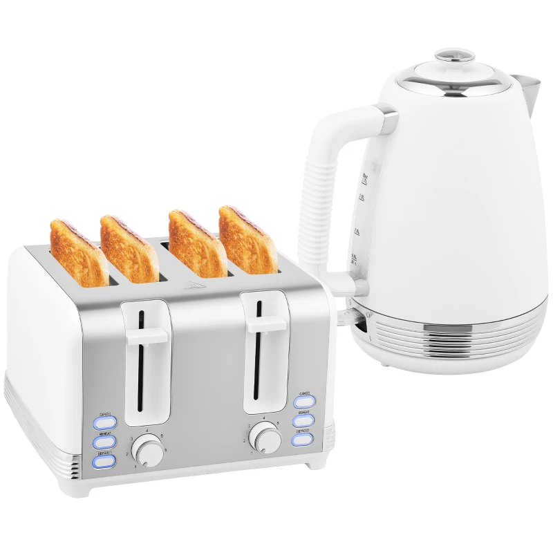 HOMCOM Stainless Steel Kettle and Toaster Set, 1.7L 3000W Rapid Boil Jug Kettle with UK Strix Thermostat, Limescale Filter, 4 Slice Toaster with 7 Browning Controls, Crumb Tray, White and Silver Tone